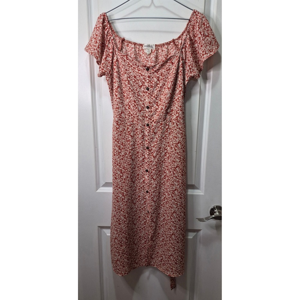 Monteau Los Angeles Rust Orange Floral Button Front Midi Dress Womens Medium